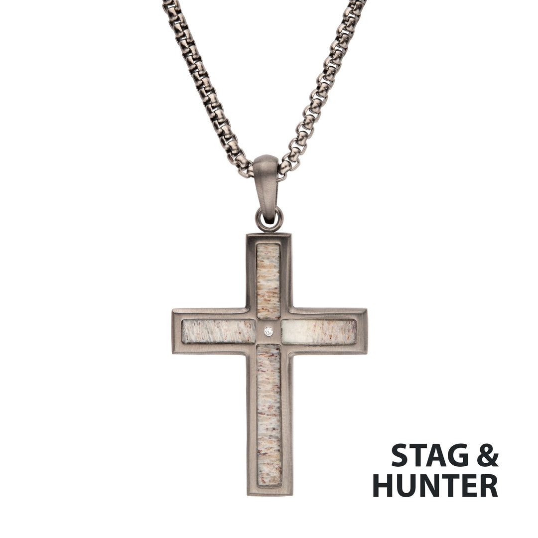 Gun Metal IP Steel Matte Finish Deer Antler Inlay with CZ Cross Pendant
