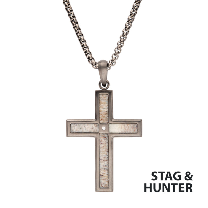 Gun Metal IP Steel Matte Finish Deer Antler Inlay with CZ Cross Pendant