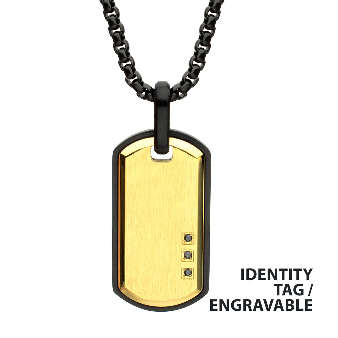 Satin Finish Black Frame Inlay 18Kt Gold IP Steel Identity Tag Pendant