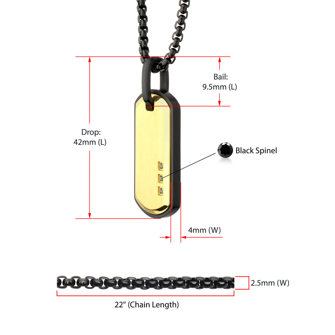Satin Finish Black Frame Inlay 18Kt Gold IP Steel Identity Tag Pendant
