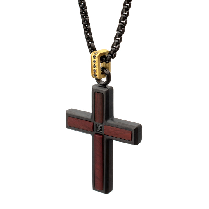 Matte Finish Black IP Steel Sandalwood Cross Pendant with CNC Set Black Spinel Crown Link Bail