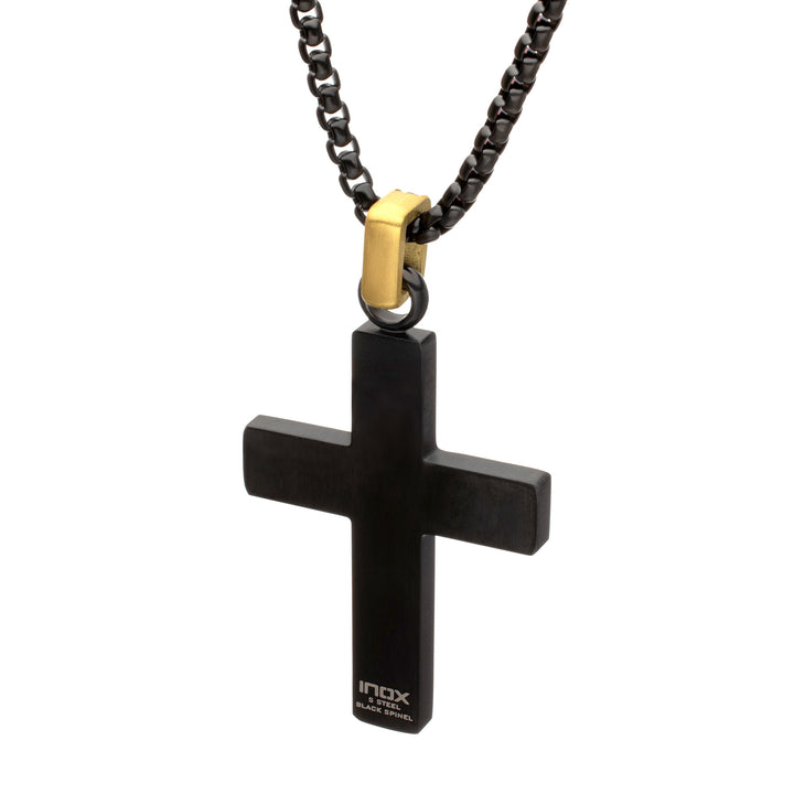 Matte Finish Black IP Steel Sandalwood Cross Pendant with CNC Set Black Spinel Crown Link Bail