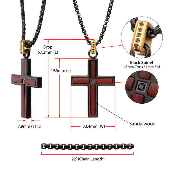 Matte Finish Black IP Steel Sandalwood Cross Pendant with CNC Set Black Spinel Crown Link Bail