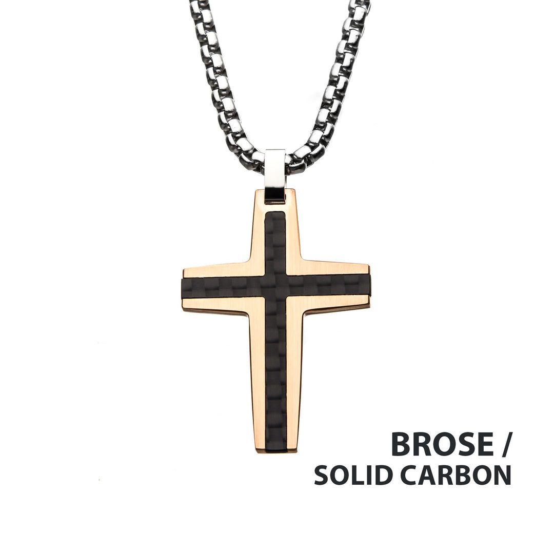 Black & Rose Gold IP with Carbon Fiber Link Inlay Cross Pendant with Steel Chain