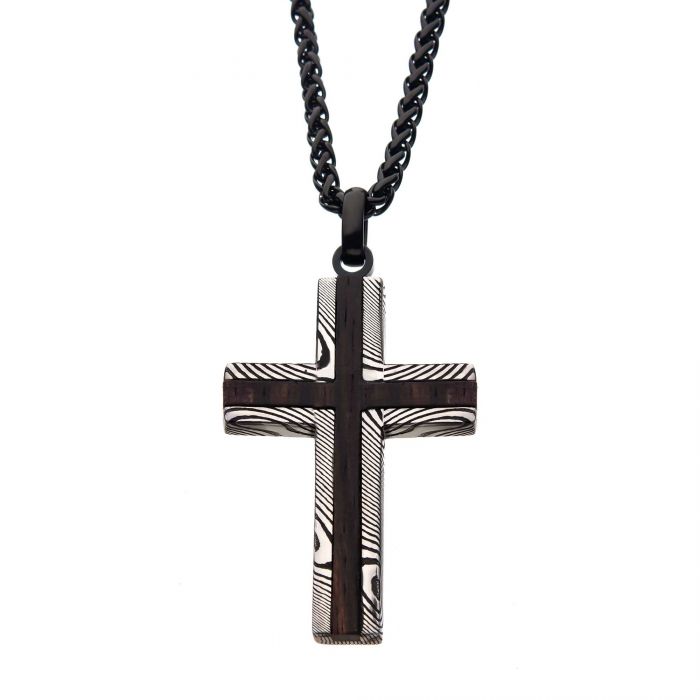 Black IP Damascus Steel Cross Pendant with Ebony Wood Inlay