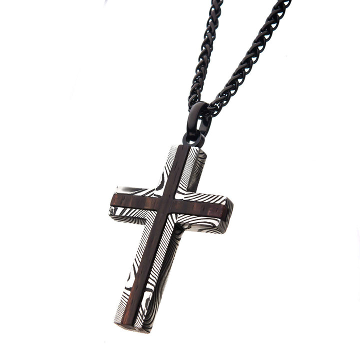 Black IP Damascus Steel Cross Pendant with Ebony Wood Inlay