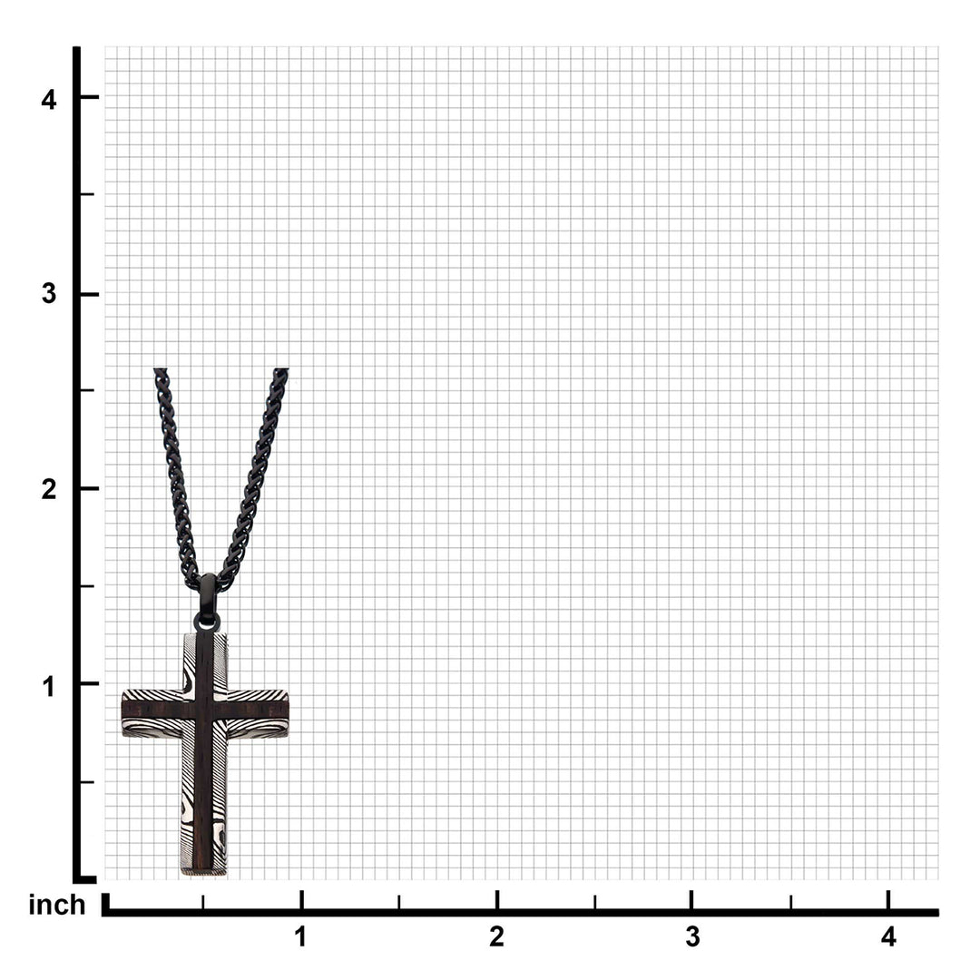 Black IP Damascus Steel Cross Pendant with Ebony Wood Inlay