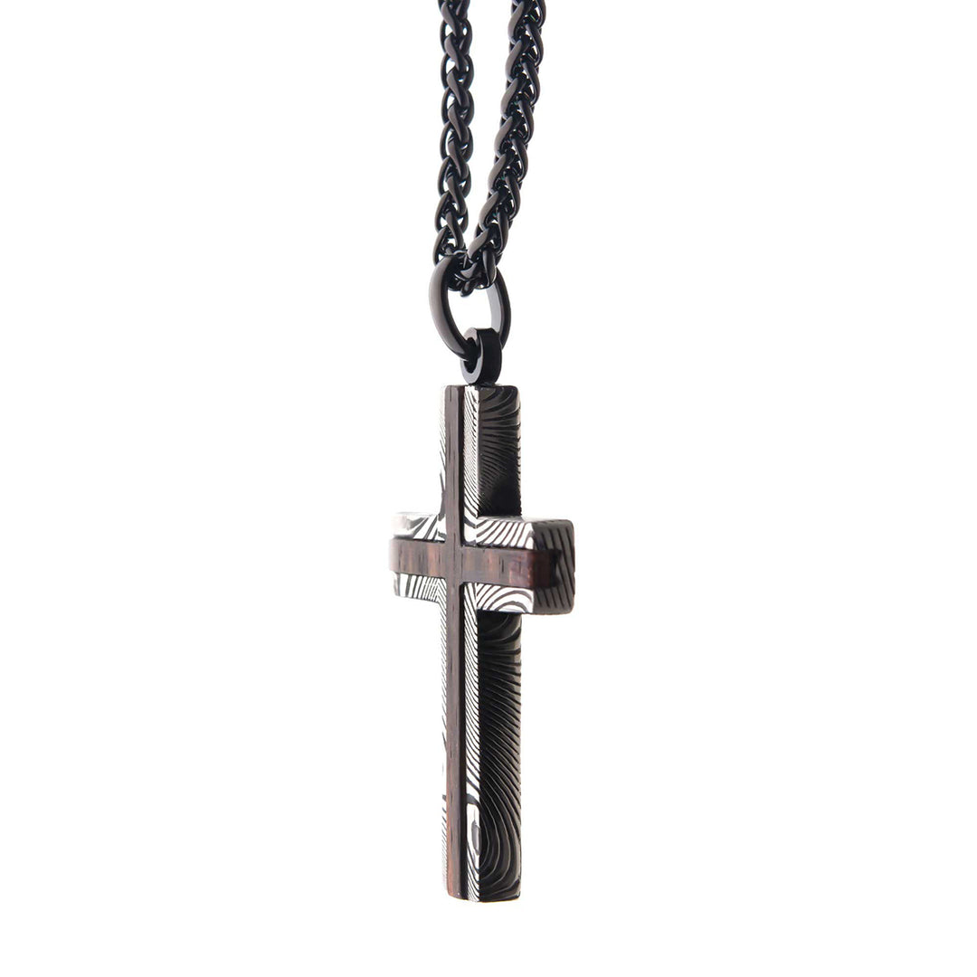 Black IP Damascus Steel Cross Pendant with Ebony Wood Inlay