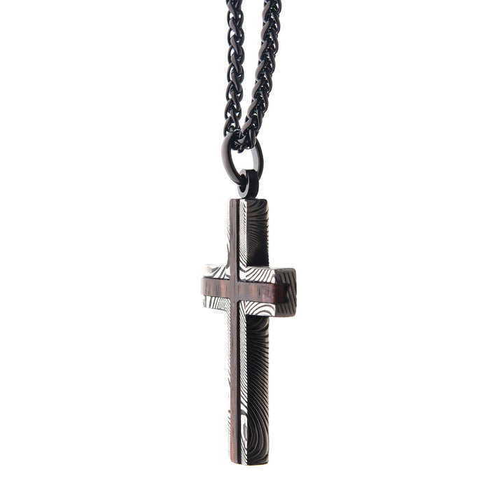 Black IP Damascus Steel Cross Pendant with Ebony Wood Inlay