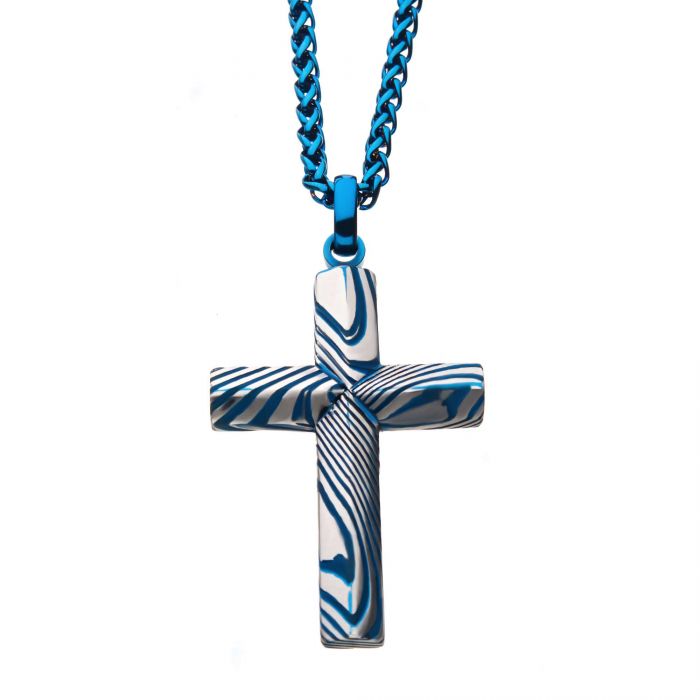 Blue IP Damascus Steel Cross Pendant