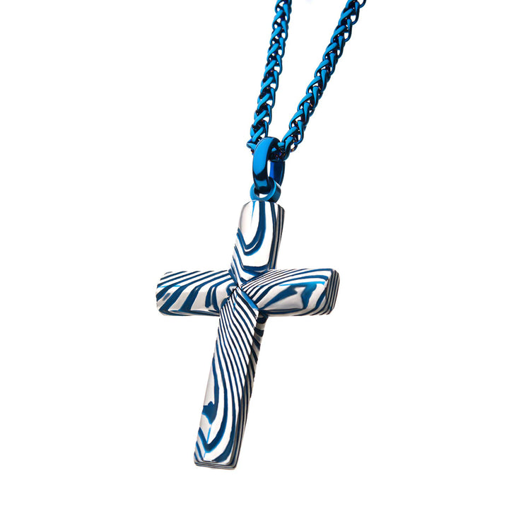 Blue IP Damascus Steel Cross Pendant