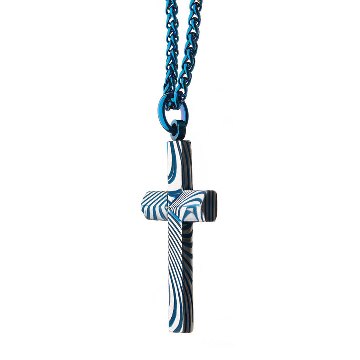 Blue IP Damascus Steel Cross Pendant