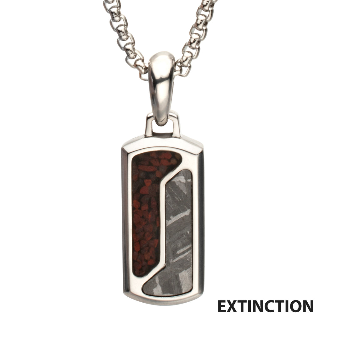EXTINCTION-MOMENT OF IMPACT: Steel, Dino & Meteorite Inlay Dog Tag Compact Pendant