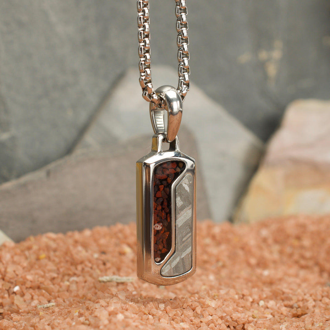 EXTINCTION-MOMENT OF IMPACT: Steel, Dino & Meteorite Inlay Dog Tag Compact Pendant