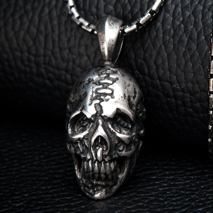 Stainless Steel Antique Silver Skull Head Pendant with Chain