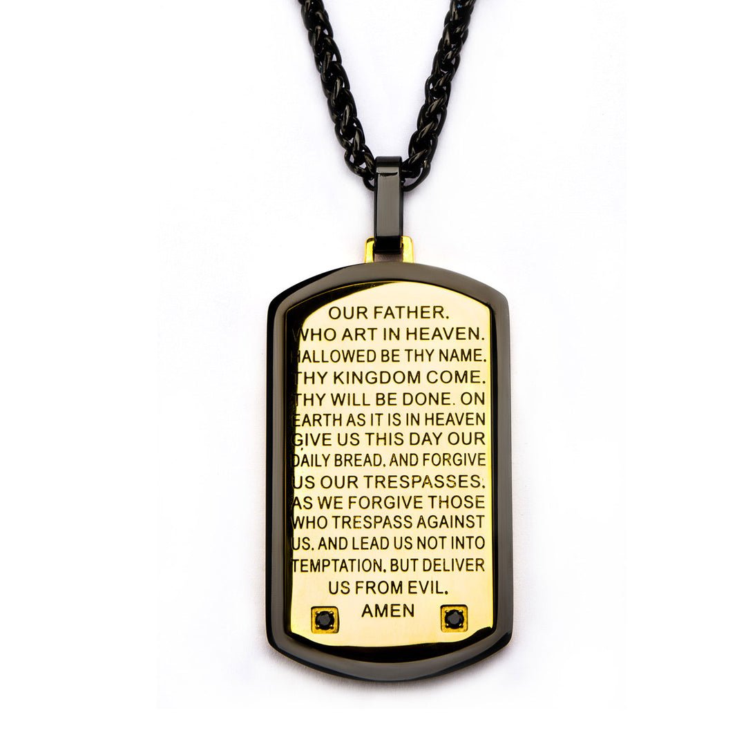 Two Tone with Lords Prayer & CNC Black CZ Gem Dog Tag Pendant with Chain