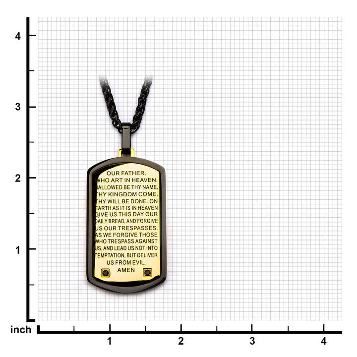 Two Tone with Lords Prayer & CNC Black CZ Gem Dog Tag Pendant with Chain