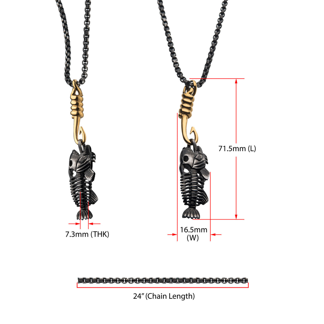 Black IP Fishbone Pendant on a Polished Gold IP Hook with Black IP Box Chain