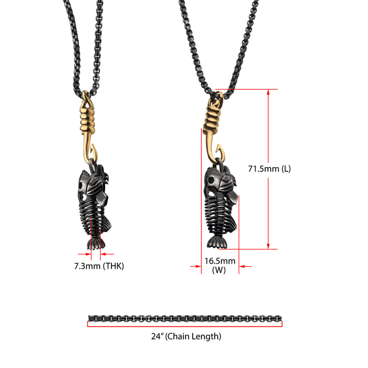 Black IP Fishbone Pendant on a Polished Gold IP Hook with Black IP Box Chain