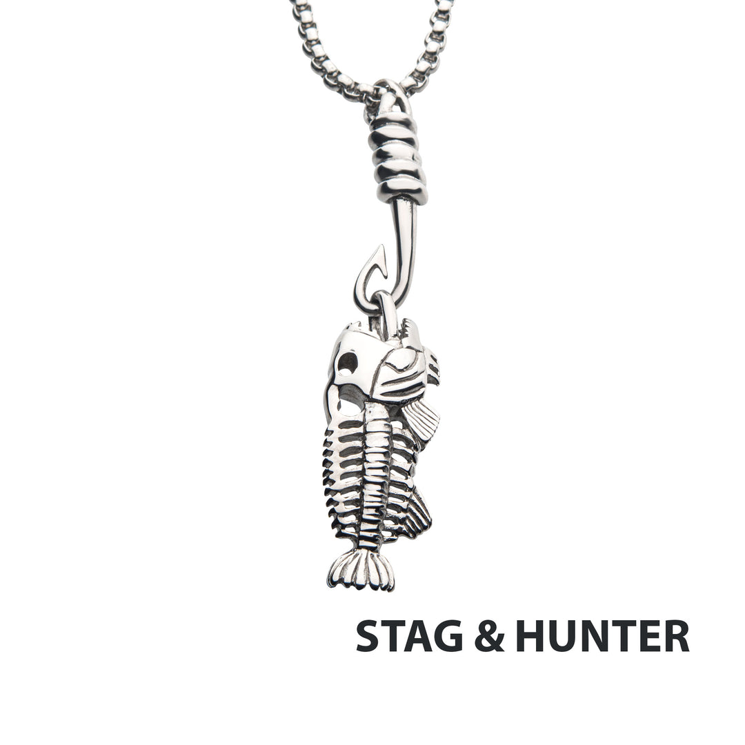 Polished Steel Fishbone Pendant with Hook & Box Chain