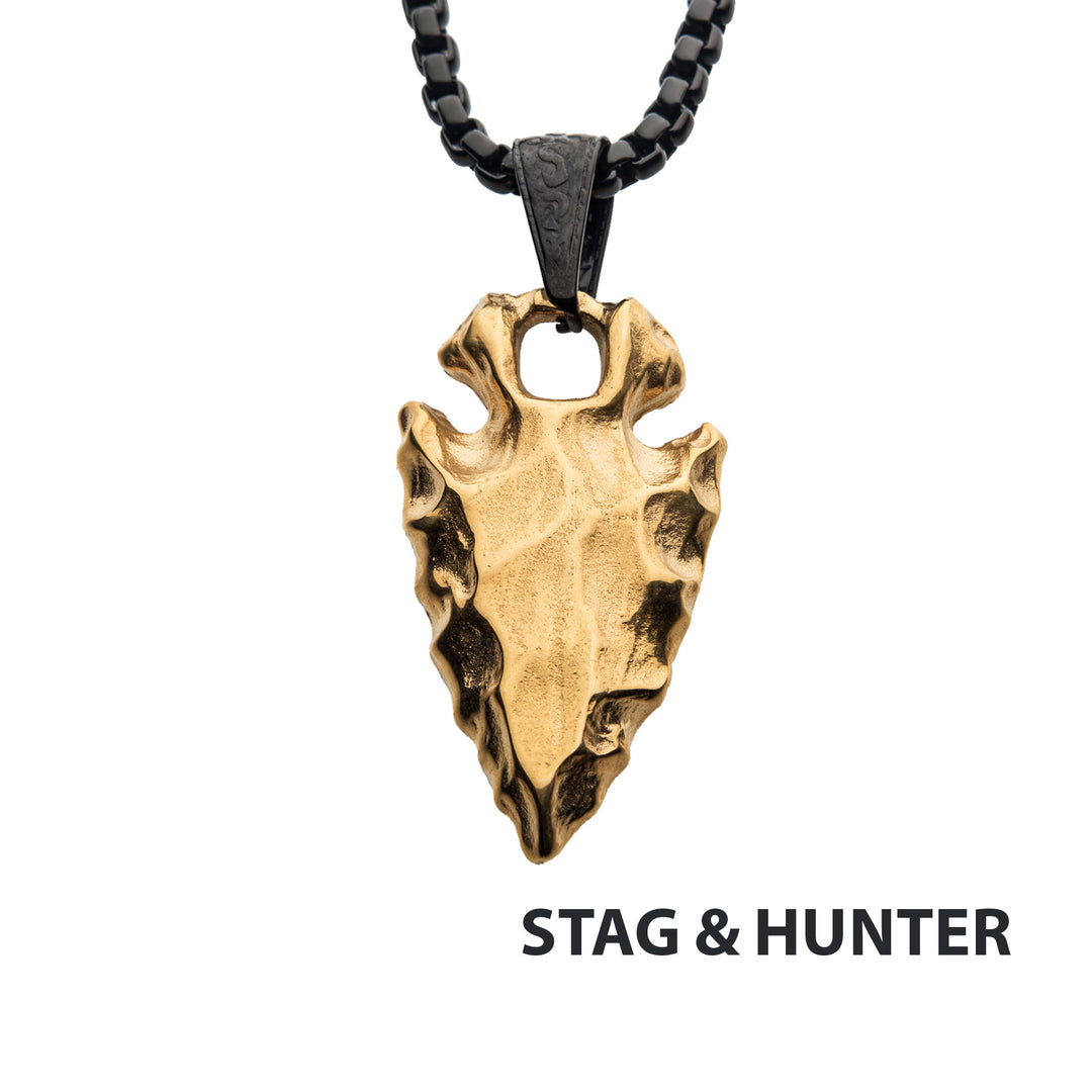 Gold IP Chiseled Arrowhead Pendant with Box Chain