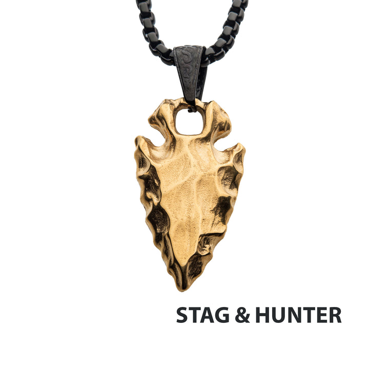 Gold IP Chiseled Arrowhead Pendant with Box Chain