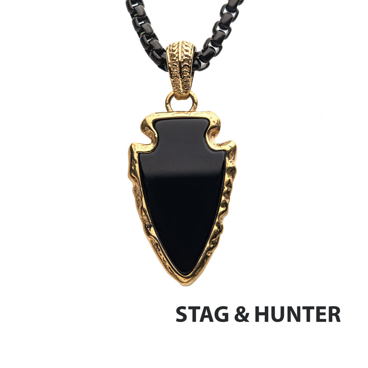 Black Agate Stone with Gold IP Frame Pendant on a Polished Gold IP Bail with Polished Black IP Box Chain