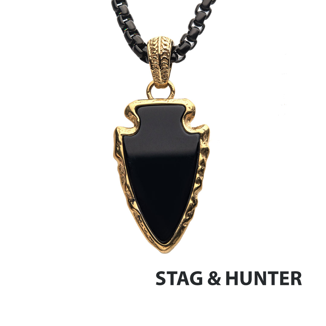 Black Agate Stone with Gold IP Frame Pendant on a Polished Gold IP Bail with Polished Black IP Box Chain