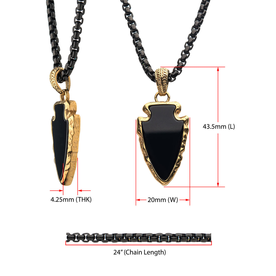 Black Agate Stone with Gold IP Frame Pendant on a Polished Gold IP Bail with Polished Black IP Box Chain