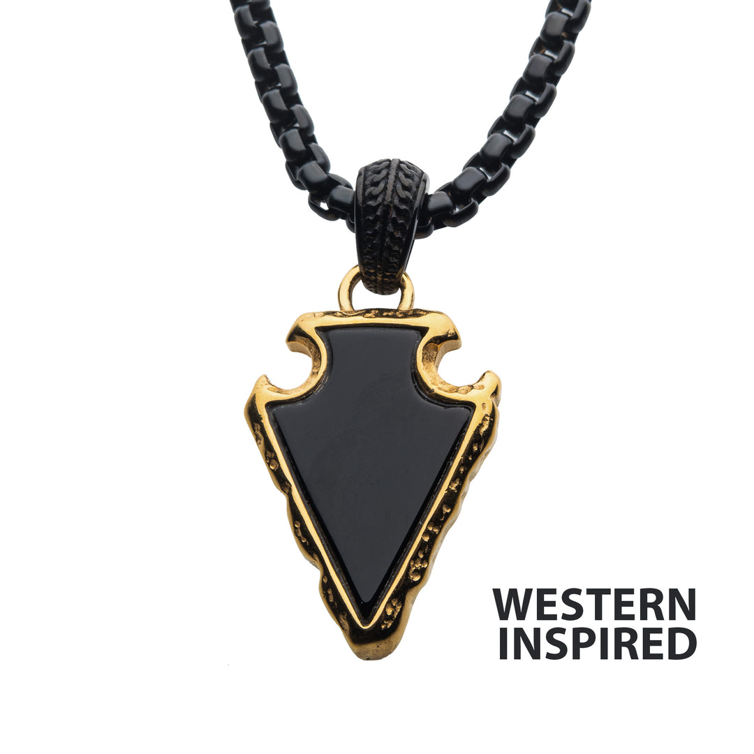Black Agate Stone with Polished Gold IP Frame Pendant on a Polished Black IP Bail with Polished Black IP Box Chain