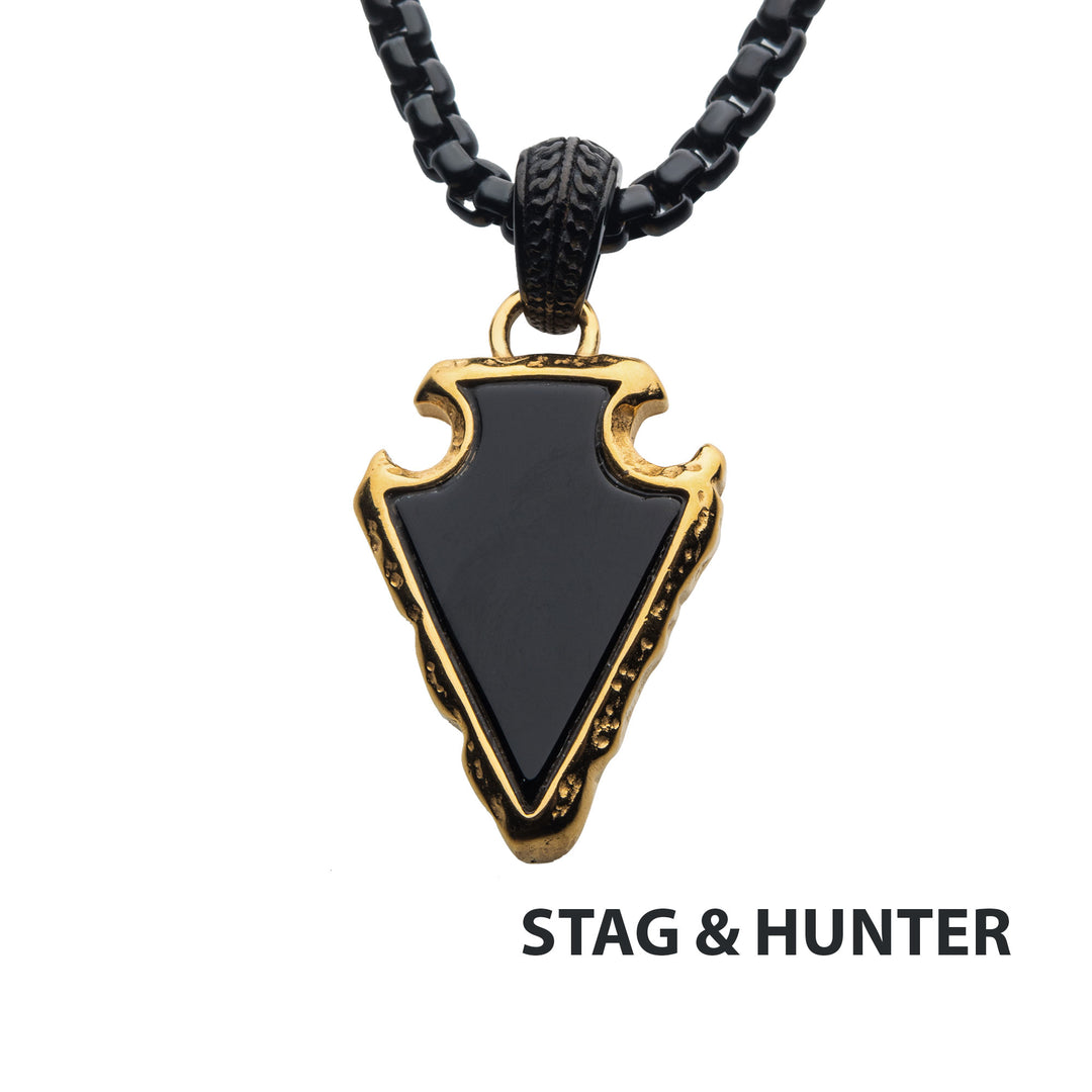 Black Agate Stone with Polished Gold IP Frame Pendant on a Polished Black IP Bail with Polished Black IP Box Chain