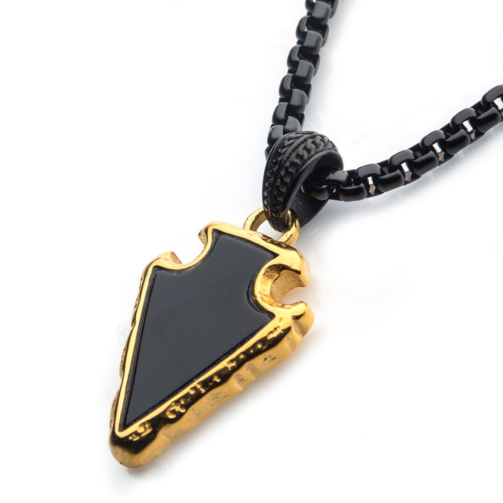 Black Agate Stone with Polished Gold IP Frame Pendant on a Polished Black IP Bail with Polished Black IP Box Chain