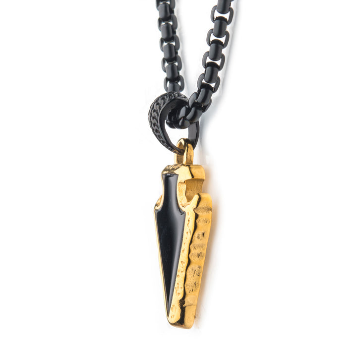 Black Agate Stone with Polished Gold IP Frame Pendant on a Polished Black IP Bail with Polished Black IP Box Chain