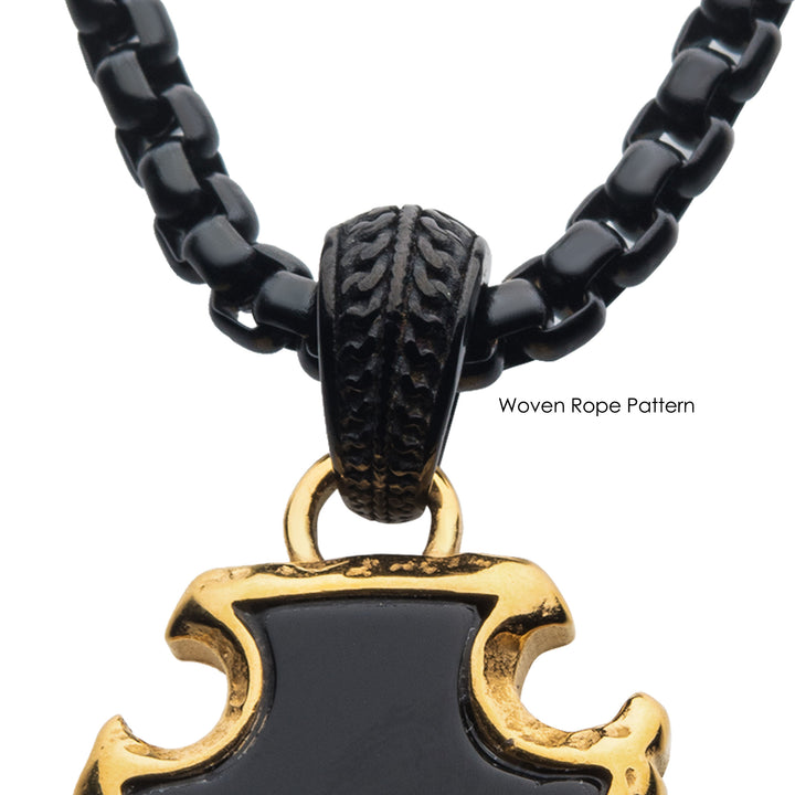 Black Agate Stone with Polished Gold IP Frame Pendant on a Polished Black IP Bail with Polished Black IP Box Chain