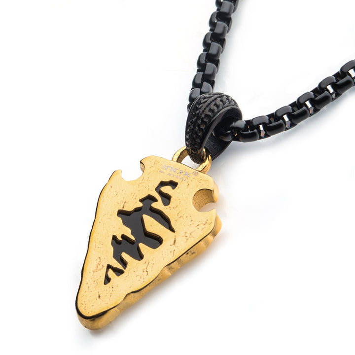 Black Agate Stone with Polished Gold IP Frame Pendant on a Polished Black IP Bail with Polished Black IP Box Chain