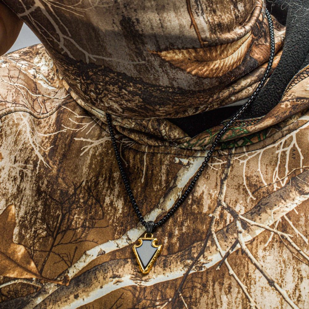 Black Agate Stone with Polished Gold IP Frame Pendant on a Polished Black IP Bail with Polished Black IP Box Chain