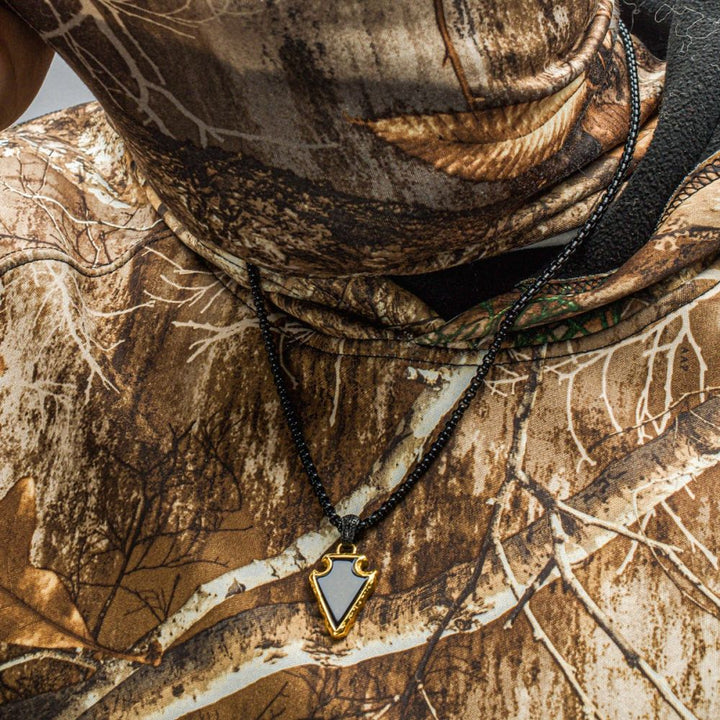 Black Agate Stone with Polished Gold IP Frame Pendant on a Polished Black IP Bail with Polished Black IP Box Chain