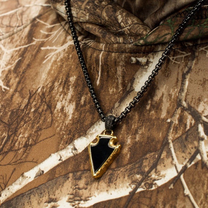 Black Agate Stone with Polished Gold IP Frame Pendant on a Polished Black IP Bail with Polished Black IP Box Chain