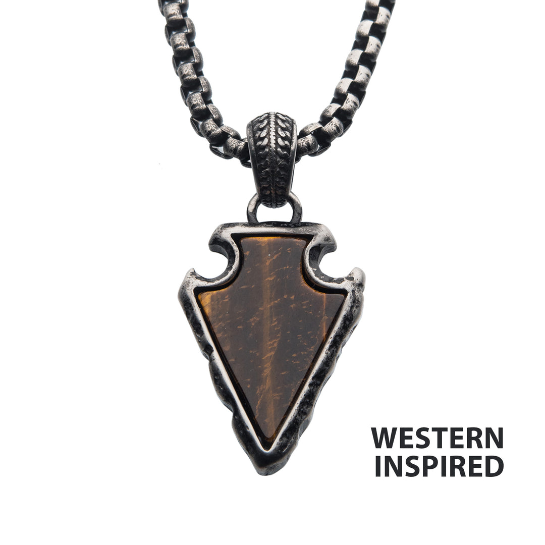 Tiger Eye Stone with Gun Metal IP Frame Pendant on a Black IP Bail with Black IP Box Chain