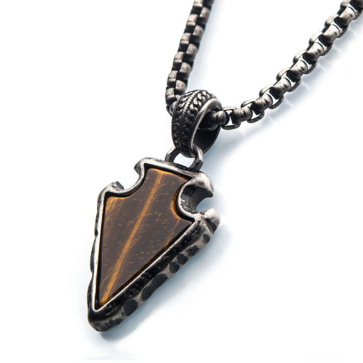 Tiger Eye Stone with Gun Metal IP Frame Pendant on a Black IP Bail with Black IP Box Chain