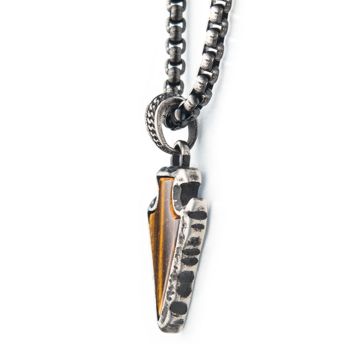 Tiger Eye Stone with Gun Metal IP Frame Pendant on a Black IP Bail with Black IP Box Chain