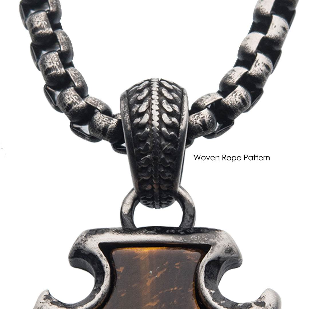 Tiger Eye Stone with Gun Metal IP Frame Pendant on a Black IP Bail with Black IP Box Chain