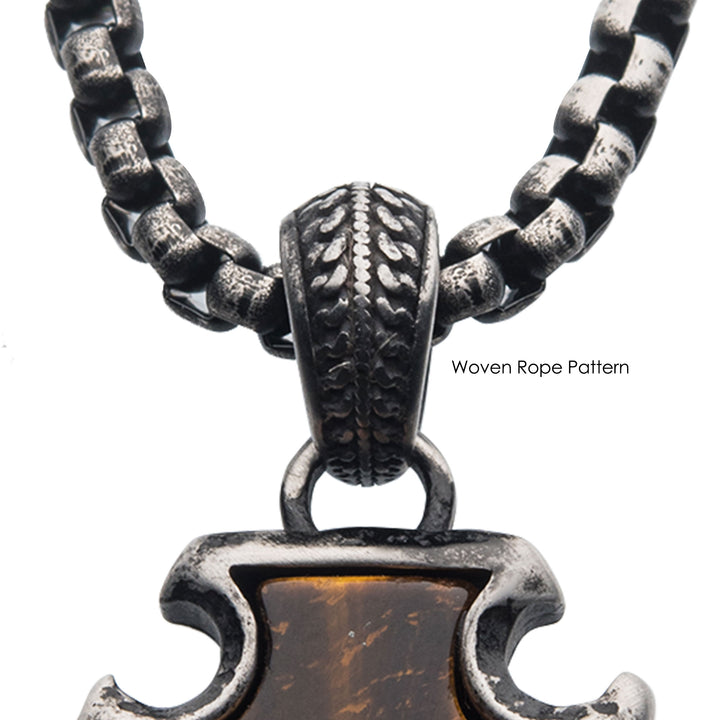 Tiger Eye Stone with Gun Metal IP Frame Pendant on a Black IP Bail with Black IP Box Chain