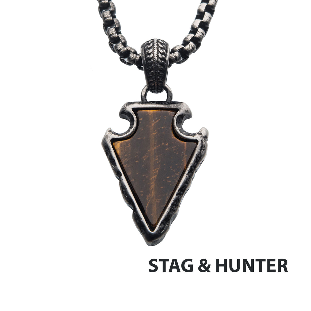 Tiger Eye Stone with Gun Metal IP Frame Pendant on a Black IP Bail with Black IP Box Chain