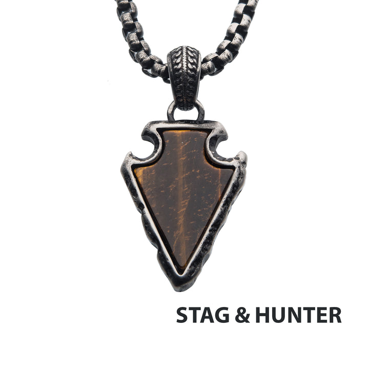 Tiger Eye Stone with Gun Metal IP Frame Pendant on a Black IP Bail with Black IP Box Chain