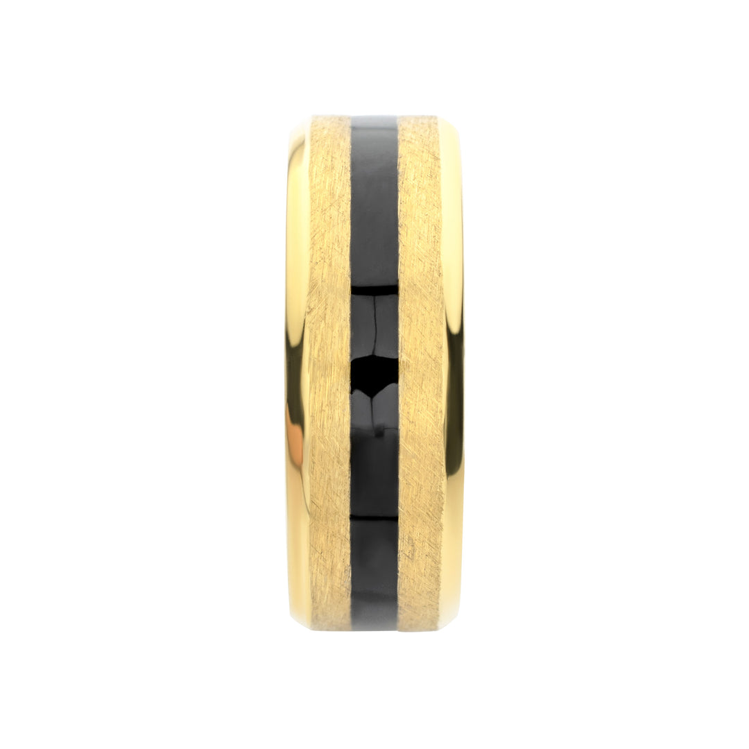 18Kt Gold IP Titanium Matte Black Onyx Stone Inlay Comfort Fit Ring
