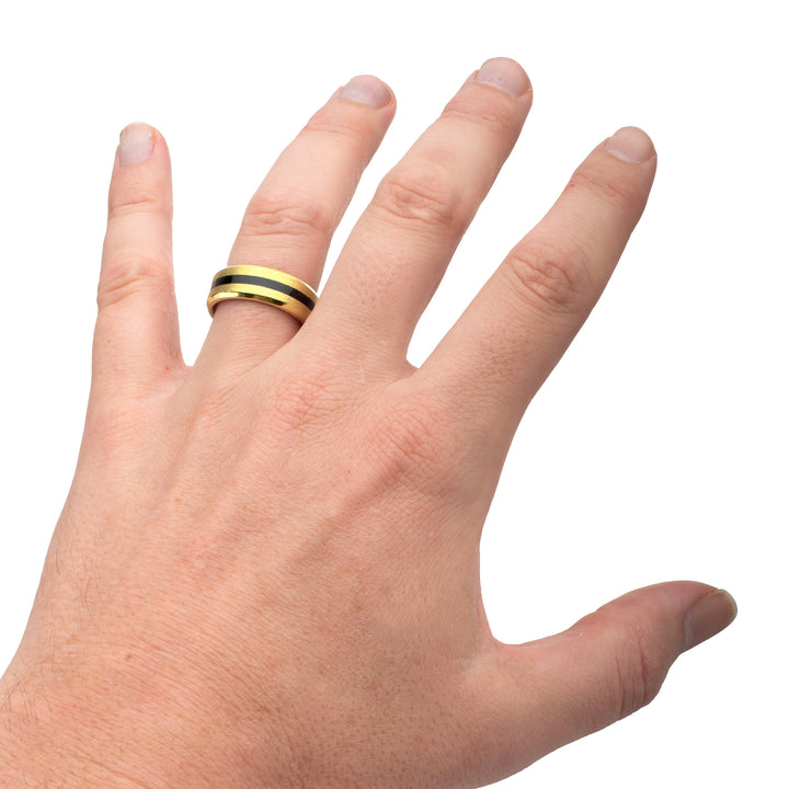 18Kt Gold IP Titanium Matte Black Onyx Stone Inlay Comfort Fit Ring