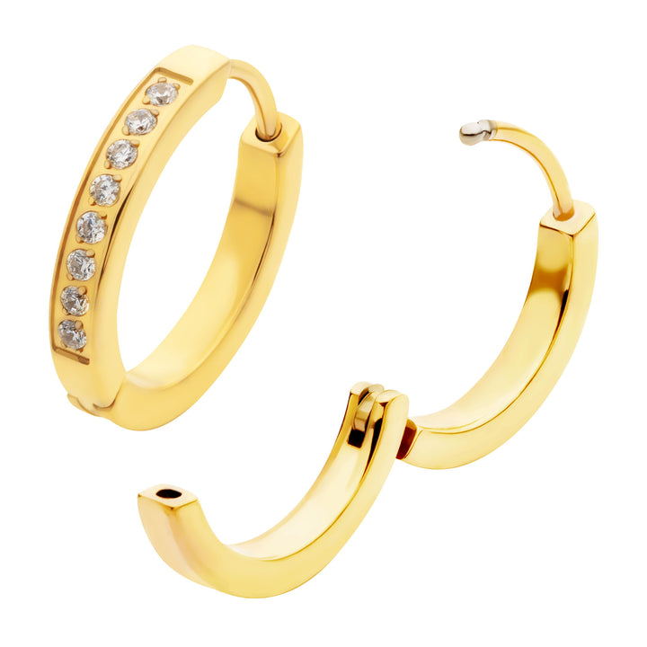 20g 24Kt Gold PVD Titanium Clear CZ Hinged Huggie Earrings