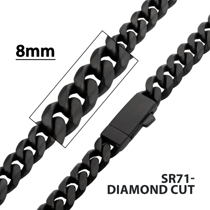 8mm Black IP Titanium Matte Finish Diamond Cut Cuban Chain Necklace