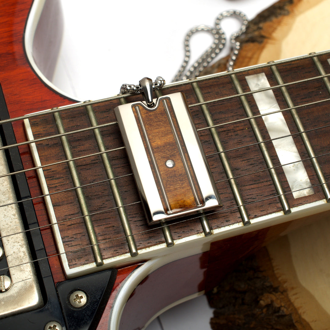 Titanium & Whiskey Barrel Wood Inlay with Embedded Guitar String Pendant